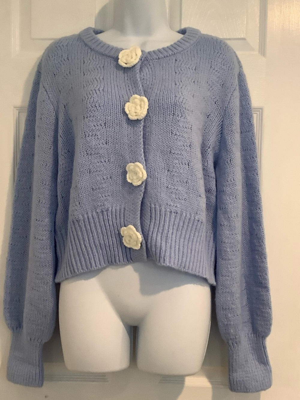 FRESHMAN 1996 Blue Soft Cottagecore 3D Floral Classic Spring Cardigan Sweater XL